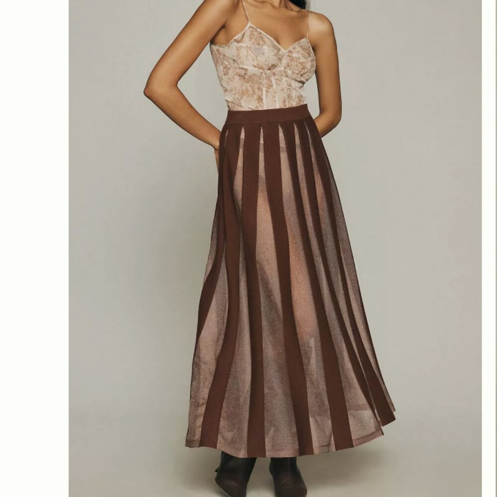 Anthropologie Sheer Pleated Maxi Skirt Feminine Retro Barbiecore Festive Holiday